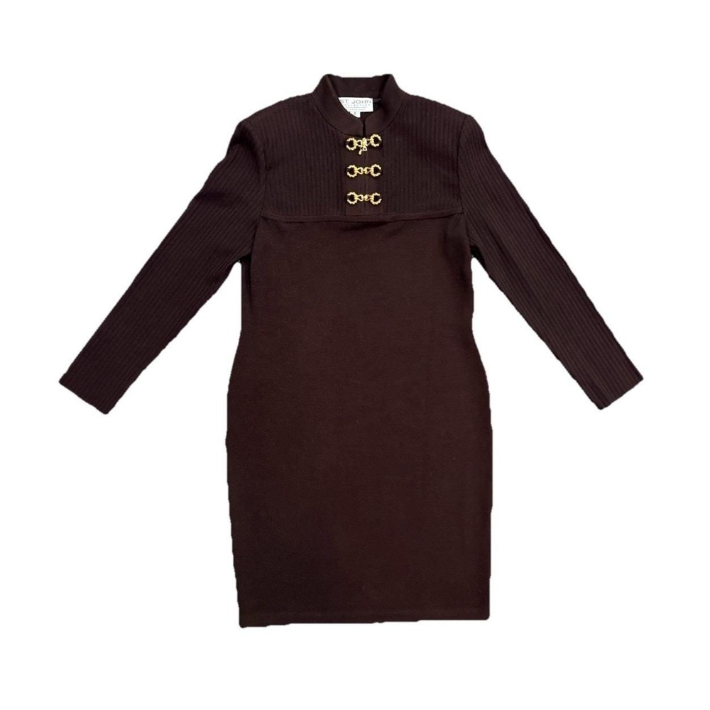 St. John Collection Marie Santana Knit Pencil Dress Brown Gold Buckles Size 8